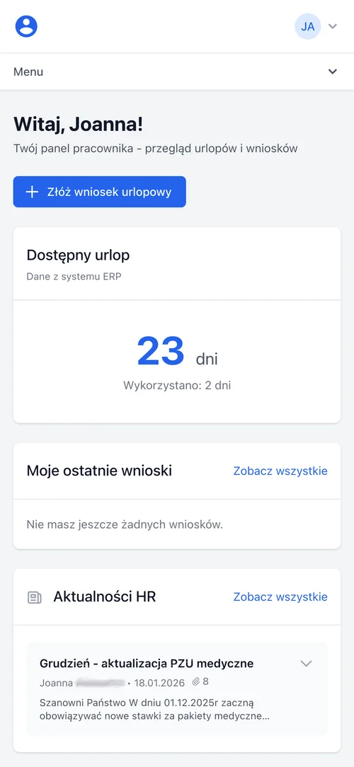 Panel pracownika SimpleJob - dostępny urlop i aktualności HR